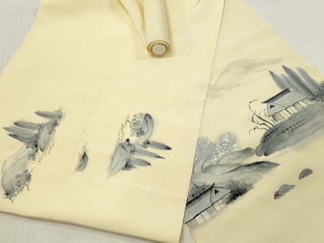 平和屋着物▼名古屋帯　帯反物　手描き　風景文　逸品　未使用　DABE3381we