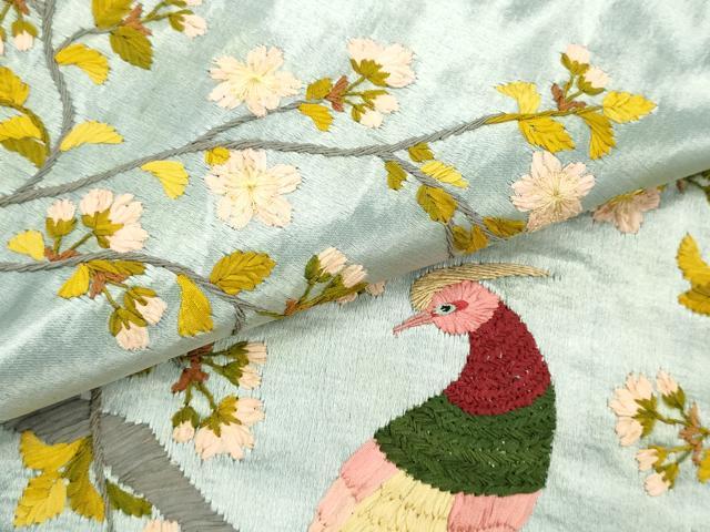 平和屋着物●アンティーク　大正ロマン　名古屋帯　帯反物　総手刺繍　花鳥文　枝桜　逸品　未使用　DABE3448we