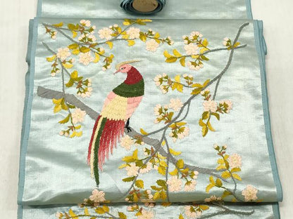 平和屋着物●アンティーク　大正ロマン　名古屋帯　帯反物　総手刺繍　花鳥文　枝桜　逸品　未使用　DABE3448we
