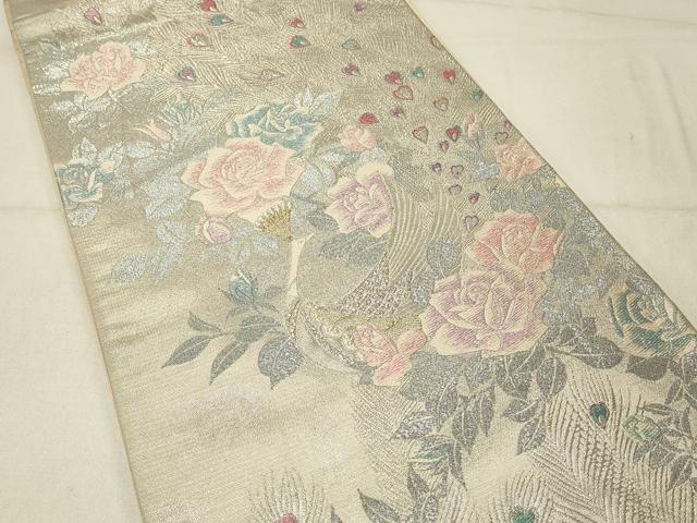 平和屋着物◎六通柄袋帯 孔雀花文 薔薇 バラ 金銀糸 正絹 逸品 DABE3521qp