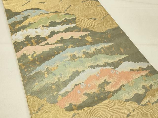 平和屋着物◎西陣 服部織物謹製 六通柄袋帯 こはく錦 遠山文 金糸 手工芸 正絹 逸品 DABE3530qp