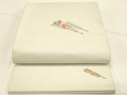 平和屋着物◎太鼓柄袋帯　刺繍　扇面花文　金銀彩　正絹　逸品　DABE3561qp