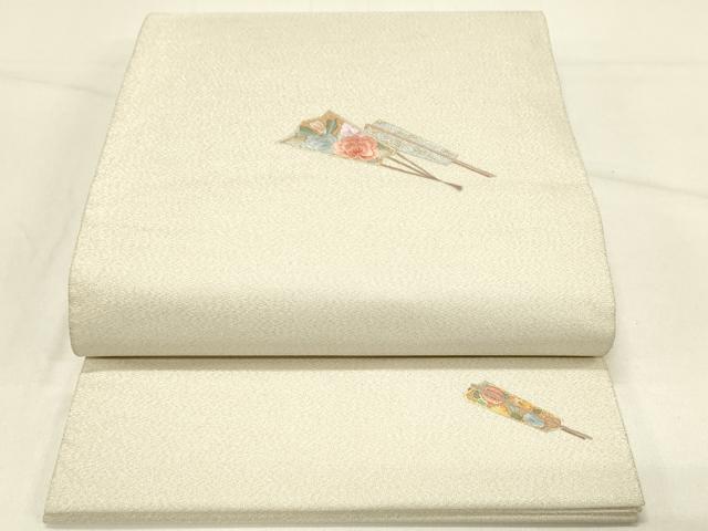 平和屋着物◎太鼓柄袋帯　刺繍　扇面花文　金銀彩　正絹　逸品　DABE3561qp