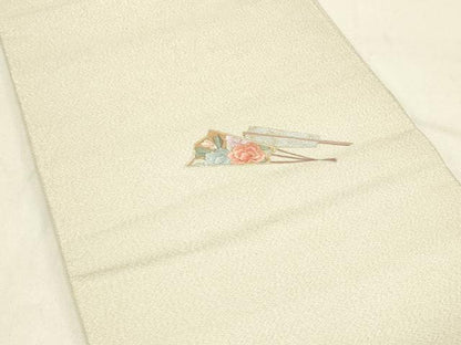 平和屋着物◎太鼓柄袋帯　刺繍　扇面花文　金銀彩　正絹　逸品　DABE3561qp