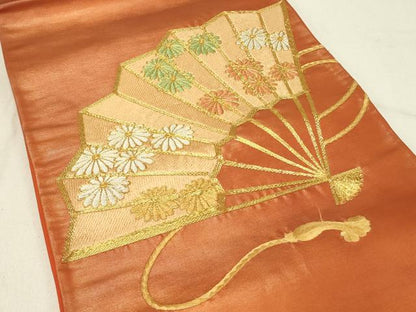 平和屋着物◎太鼓柄袋帯　総刺繍　駒刺繍　扇面花文　正絹　逸品　未使用　DABE3562qp