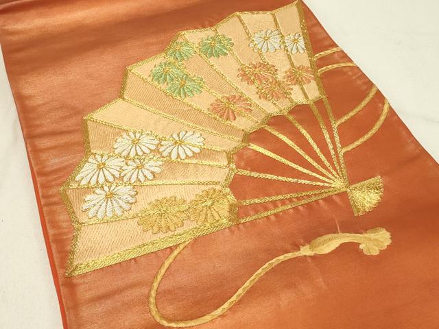 平和屋着物◎太鼓柄袋帯　総刺繍　駒刺繍　扇面花文　正絹　逸品　未使用　DABE3562qp
