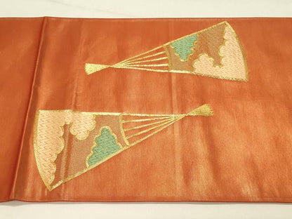 平和屋着物◎太鼓柄袋帯　総刺繍　駒刺繍　扇面花文　正絹　逸品　未使用　DABE3562qp