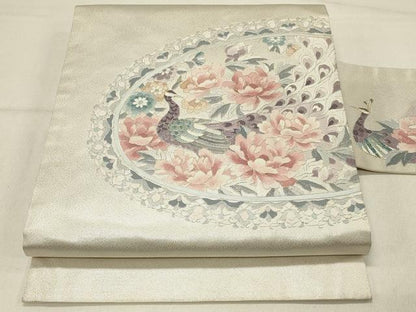 平和屋着物◎九寸名古屋帯　駒刺繍　絵皿花鳥文　正絹　逸品　DABE3594qp