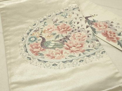 平和屋着物◎九寸名古屋帯　駒刺繍　絵皿花鳥文　正絹　逸品　DABE3594qp