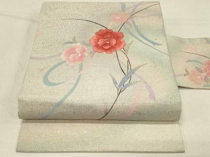 平和屋着物◎九寸名古屋帯 刺繍 草花文 金銀彩 正絹 逸品 DABE3601qp