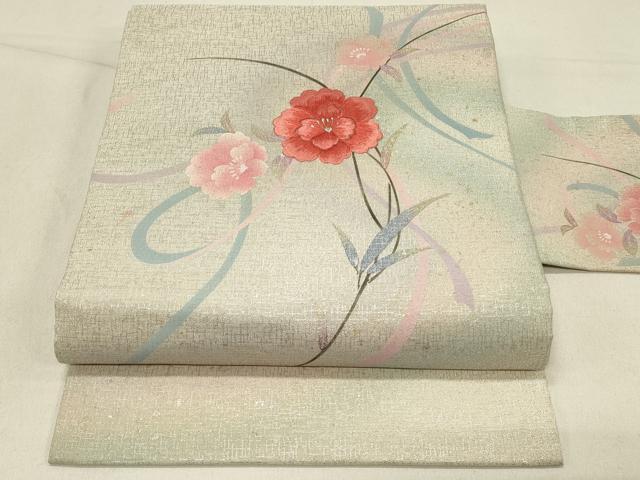 平和屋着物◎九寸名古屋帯 刺繍 草花文 金銀彩 正絹 逸品 DABE3601qp