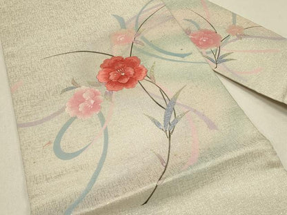 平和屋着物◎九寸名古屋帯 刺繍 草花文 金銀彩 正絹 逸品 DABE3601qp