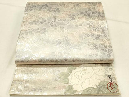 平和屋着物◎全通柄袋帯 草葉文 銀糸 正絹 逸品 DABE3665qp