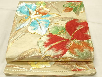 平和屋着物◎六通柄袋帯 草花文 金糸 正絹 逸品 DABE3716ya