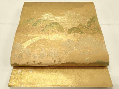 平和屋着物◎六通柄袋帯　風景文　金糸　正絹　逸品　DABE3736qp