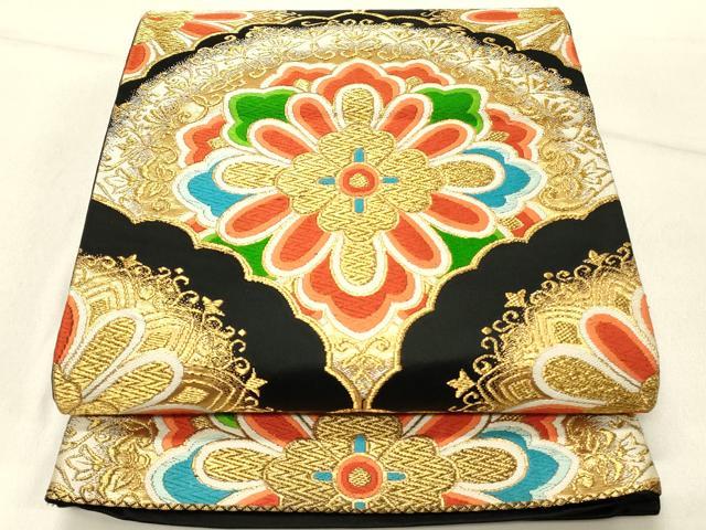 平和屋着物◎六通柄袋帯 唐織 正倉院花文 黒地 金糸 正絹 逸品 DABE3802qp