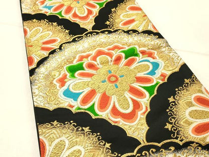 平和屋着物◎六通柄袋帯 唐織 正倉院花文 黒地 金糸 正絹 逸品 DABE3802qp
