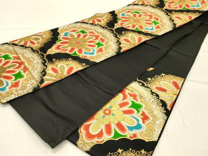 平和屋着物◎六通柄袋帯 唐織 正倉院花文 黒地 金糸 正絹 逸品 DABE3802qp