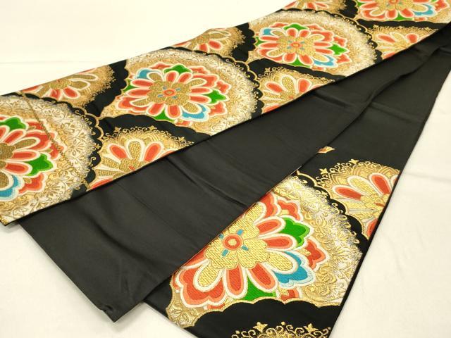 平和屋着物◎六通柄袋帯 唐織 正倉院花文 黒地 金糸 正絹 逸品 DABE3802qp
