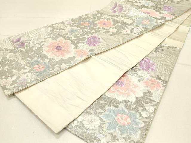 平和屋着物◎六通柄袋帯　唐織　花尽くし　銀糸　正絹　逸品　DABE3812qp