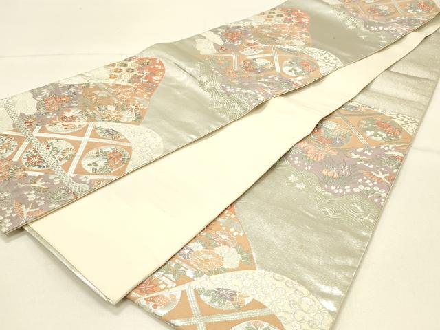 平和屋着物◎六通柄袋帯　唐織　遠山花文　銀糸　正絹　逸品　DABE3817qp