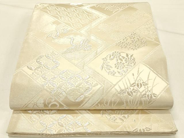 平和屋着物◎両面　全通柄袋帯　源氏物語　桧垣飛鶴花文　銀糸　正絹　逸品　DABE3822qp