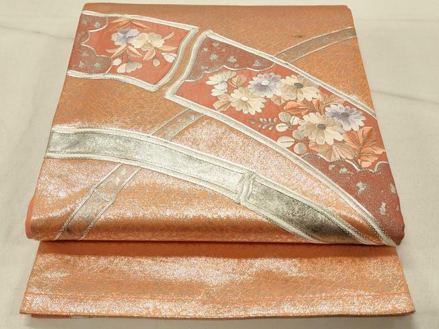 平和屋着物◎太鼓柄袋帯 総刺繍 竹垣花文 銀彩 正絹 逸品 DABE3848qp
