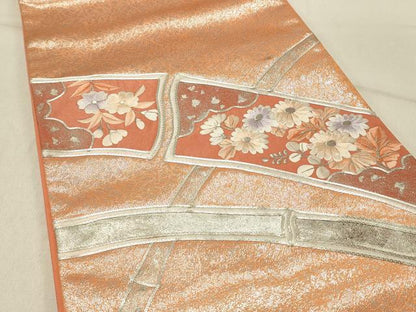 平和屋着物◎太鼓柄袋帯 総刺繍 竹垣花文 銀彩 正絹 逸品 DABE3848qp