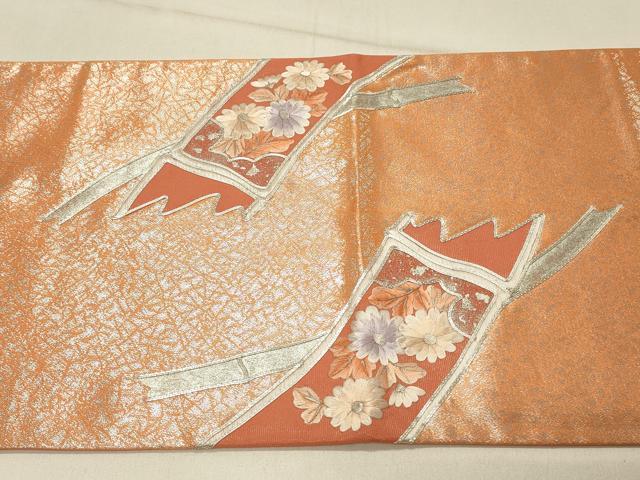 平和屋着物◎太鼓柄袋帯 総刺繍 竹垣花文 銀彩 正絹 逸品 DABE3848qp