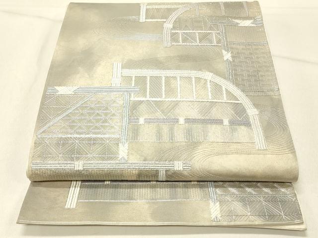 平和屋着物◎六通柄袋帯　総刺繍　流水籬文　銀糸　正絹　逸品　DABE3850qp 平和屋着物◎六通柄袋帯 総刺繍 流水籬文 銀糸 正絹 逸品 DABE3850qpの