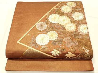 平和屋着物◎太鼓柄袋帯 駒刺繍 菊尽くし 金糸 正絹 逸品 DABE3851qp