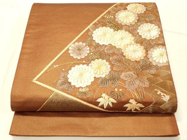 平和屋着物◎太鼓柄袋帯 駒刺繍 菊尽くし 金糸 正絹 逸品 DABE3851qp