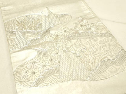 平和屋着物◎中国三大刺繍　相良刺繍　総刺繍　太鼓袋帯　駒刺繍　立波花文　銀糸　引箔　正絹　逸品　DABE3852qp