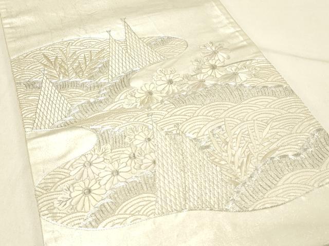 平和屋着物◎中国三大刺繍　相良刺繍　総刺繍　太鼓袋帯　駒刺繍　立波花文　銀糸　引箔　正絹　逸品　DABE3852qp