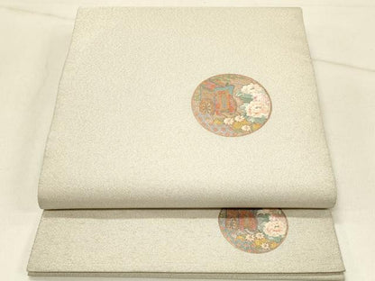 平和屋着物◎明綴れ　太鼓柄袋帯　刺繍　草花御所車丸文　金銀彩　正絹　逸品　DABE3854qp