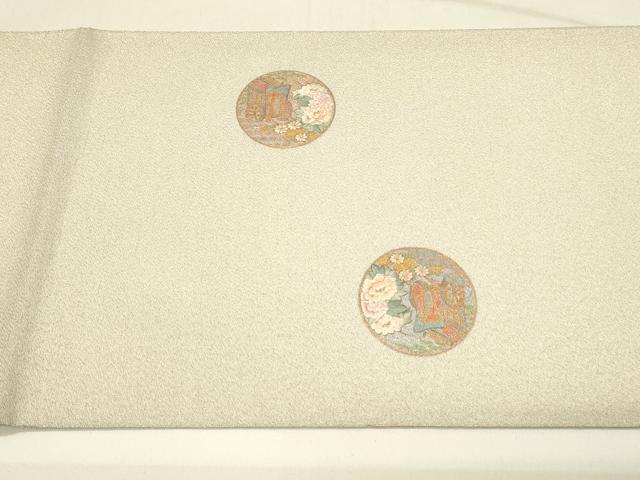 平和屋着物◎明綴れ　太鼓柄袋帯　刺繍　草花御所車丸文　金銀彩　正絹　逸品　DABE3854qp