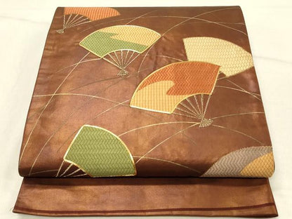 平和屋着物◎太鼓柄袋帯　駒刺繍　扇面吉祥文　金彩　引箔　正絹　逸品　DABE3857qp