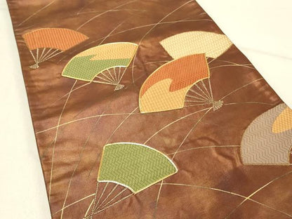 平和屋着物◎太鼓柄袋帯　駒刺繍　扇面吉祥文　金彩　引箔　正絹　逸品　DABE3857qp