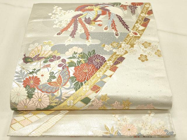 平和屋着物◎六通柄袋帯　唐織　鳳凰花蝶文　よそおい　金糸　正絹　逸品　DABE3860qp