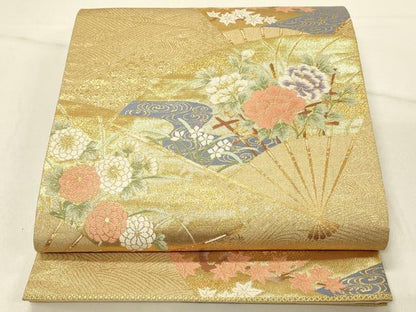 平和屋着物◎六通柄袋帯　扇面花文　金糸　正絹　逸品　DABE3890qp