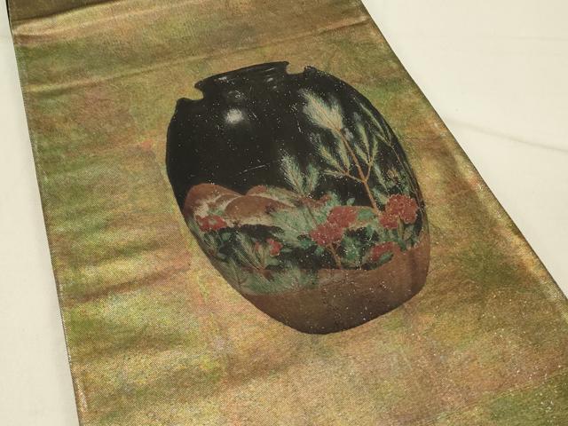 平和屋着物◎太鼓柄袋帯　陶器文　金糸　引箔　正絹　逸品　DABE3891qp