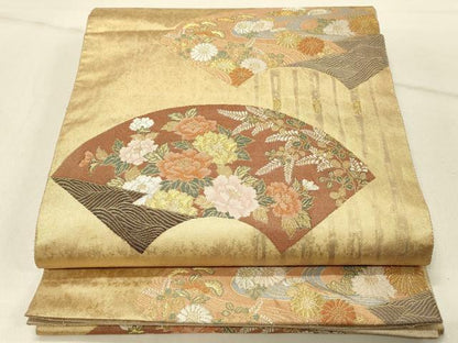 平和屋着物◎六通柄袋帯 扇面献上紋 手工芸引箔 正絹 逸品 DABE3902qp