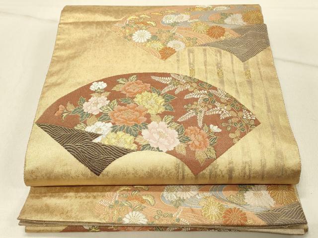 平和屋着物◎六通柄袋帯 扇面献上紋 手工芸引箔 正絹 逸品 DABE3902qp