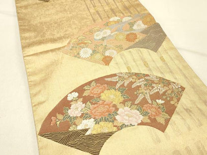 平和屋着物◎六通柄袋帯 扇面献上紋 手工芸引箔 正絹 逸品 DABE3902qp