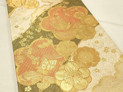 平和屋着物◎本綾佐賀錦 伝統工芸品産業功労者 岡野武一郎 六通柄袋帯 花蝶文 金糸 正絹 逸品 DABE3914qp