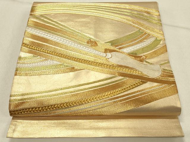 平和屋着物◎太鼓柄袋帯 駒刺繍 総刺繍 束ね紐文 金糸 正絹 逸品 DABE3915qp