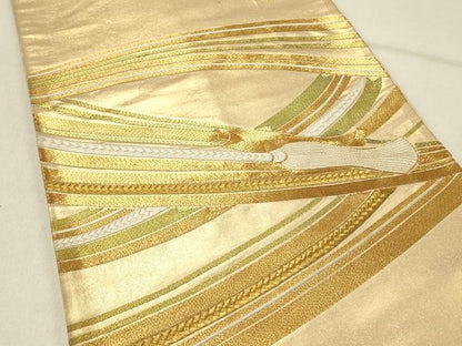 平和屋着物◎太鼓柄袋帯 駒刺繍 総刺繍 束ね紐文 金糸 正絹 逸品 DABE3915qp