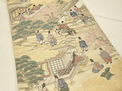 平和屋着物◎六通柄袋帯　早春観梅絵巻　金糸　正絹　逸品　DABE3934qp