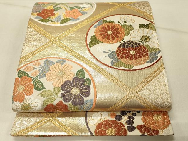 平和屋着物◎六通柄袋帯 唐織 能衣錦 天井花丸文 金糸 正絹 逸品 DABE3955qp