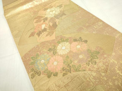 平和屋着物▼太鼓柄袋帯 螺鈿箔 地紙菊牡丹文 金彩 正絹 逸品 DABE4001az